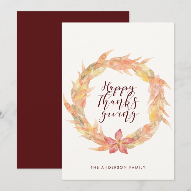 Autumn leaves wreath Happy Thanksgiving card (Front/Back)
