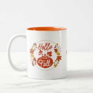 Autumn Leaves Wreath Pumpkin Name Monogram  Two-Tone Coffee Mug