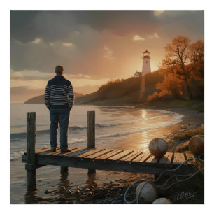 Autumn Lighthouse Dock Coastal Fall Serenity Poster