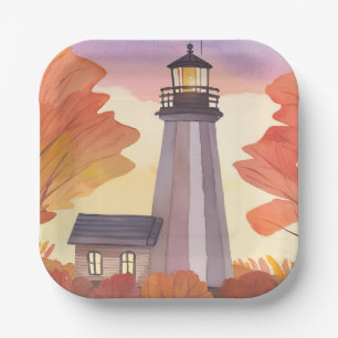 Autumn Lighthouse Fall Foliage Watercolor Paper Plate