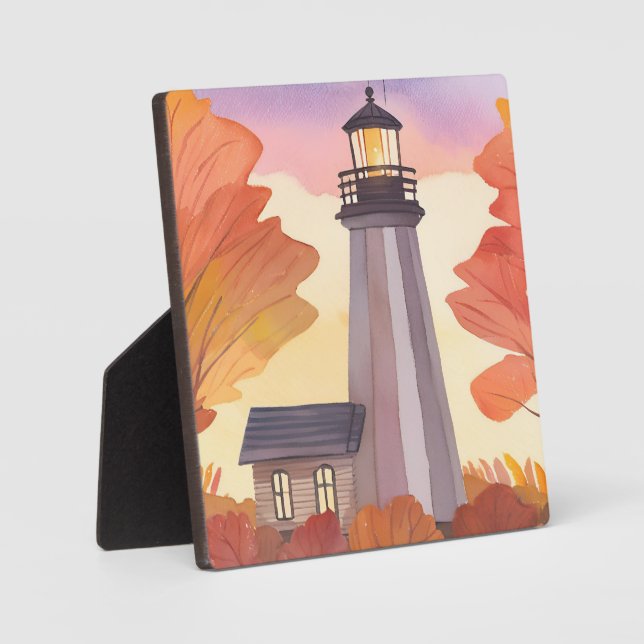 Autumn Lighthouse | Fall Foliage Watercolor Plaque (Front)
