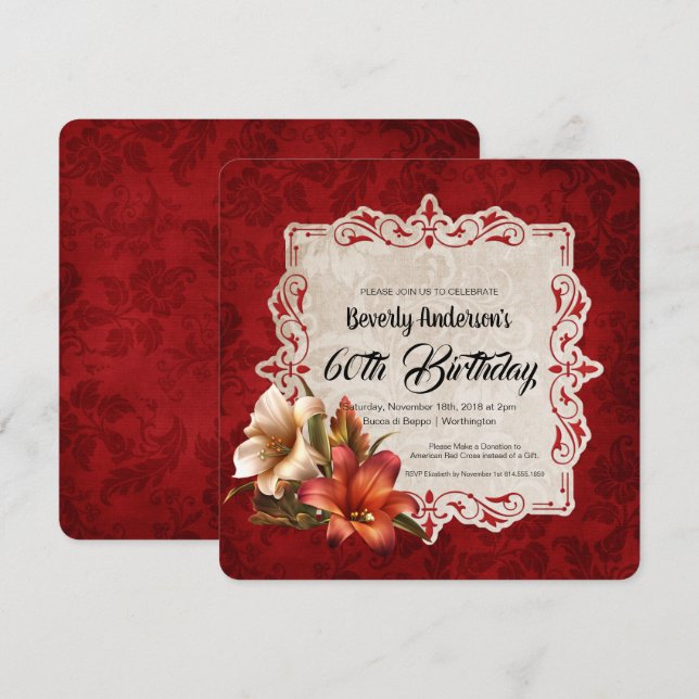 Autumn Lilies Dark Red Damask Birthday Party Invitation (Front/Back)