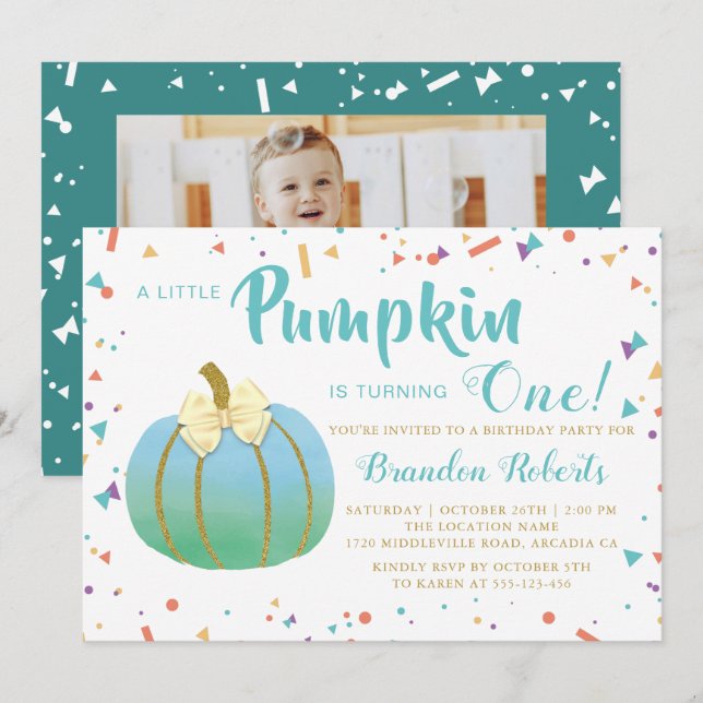 Autumn Little Pumpkin Boy 1st Birthday Photo Invitation (Front/Back)