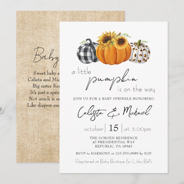 Autumn Little Pumpkin Couples Baby Sprinkle Invitation (Front/Back)