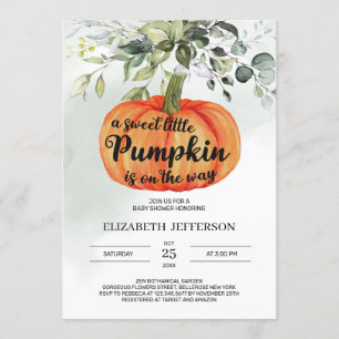 Autumn little pumpkin greenery foliage baby shower invitation