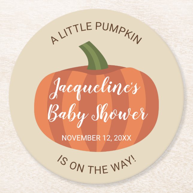 Autumn Little Pumpkin On The Way Baby Shower Round Paper Coaster (Front)