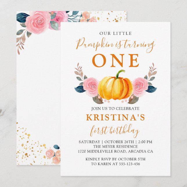 Autumn Little Pumpkin Pink Floral First Birthday Invitation (Front/Back)