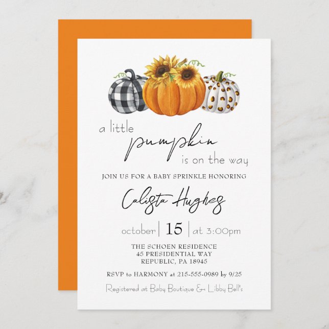 Autumn Little Pumpkin Sunflower Baby Sprinkle Invitation (Front/Back)