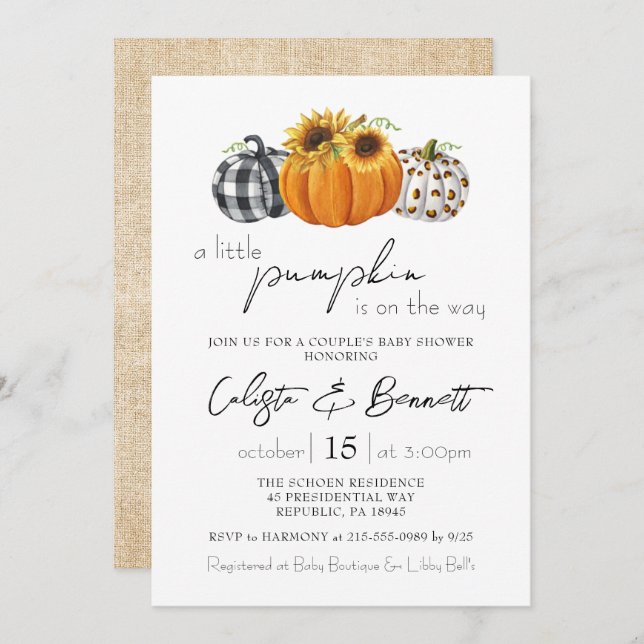 Autumn Little Pumpkin Sunflower Couple Baby Shower Invitation (Front/Back)