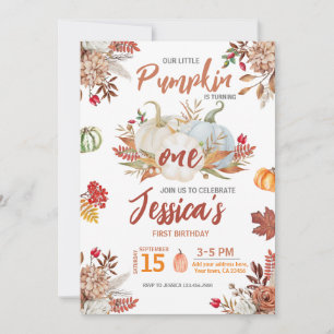 Autumn Little Pumpkin Turning One Fall Birthday Invitation