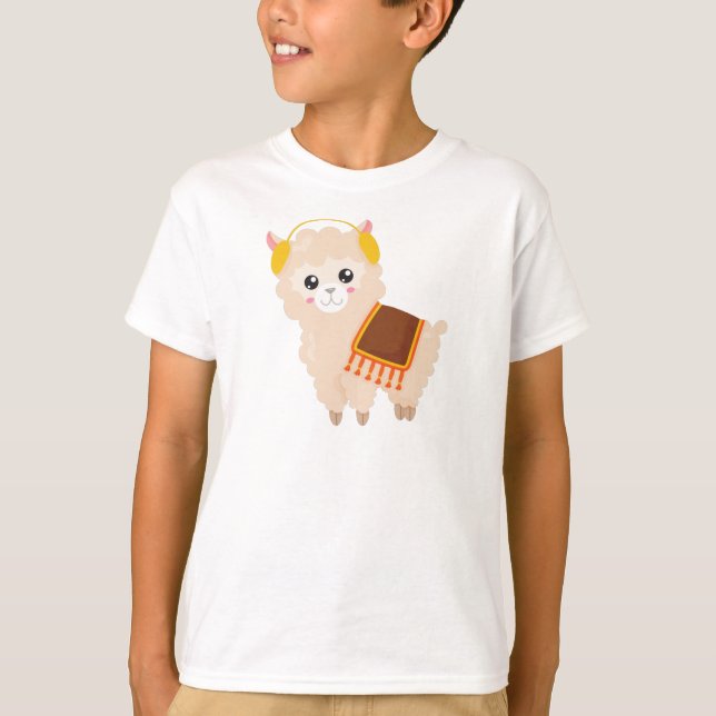 Autumn Llama, Cute Llama, Cute Alpaca, Ear Muffs T-Shirt (Front)