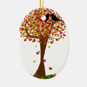 Autumn Love Birds in a Tree of Hearts Ceramic Tree Decoration