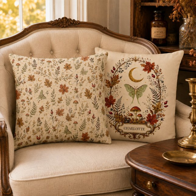Autumn Luna Moth Mushroom Botanical Pattern Pillow (Autumn Luna Moth Mushroom Botanical Pattern Pillow)