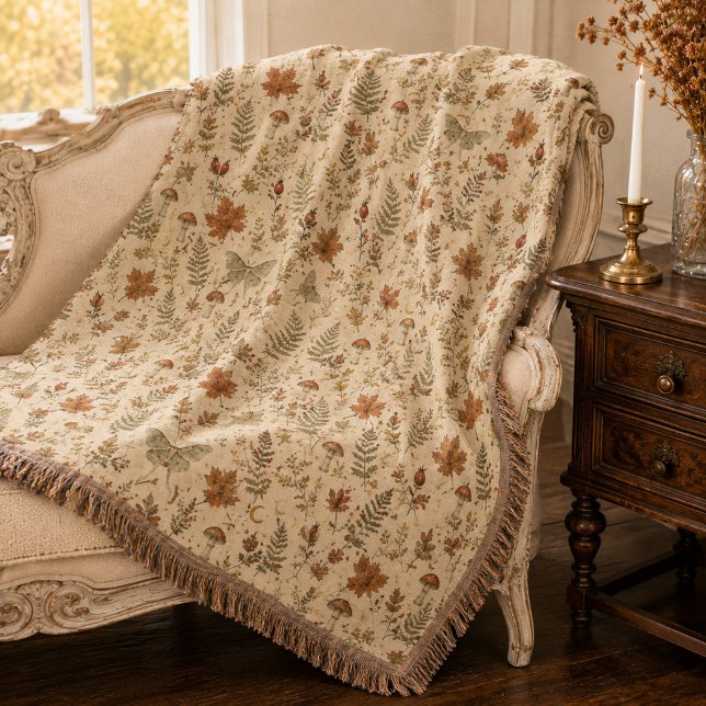 Autumn Luna Moth Mushroom Witchy Botanical  Throw Blanket (Autumn Luna Moth Mushroom Witchy Botanical Throw Blanket)