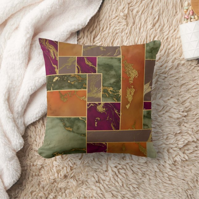 Autumn Luxury | Geometric Gold Jewel Tone Marble Cushion (Blanket)
