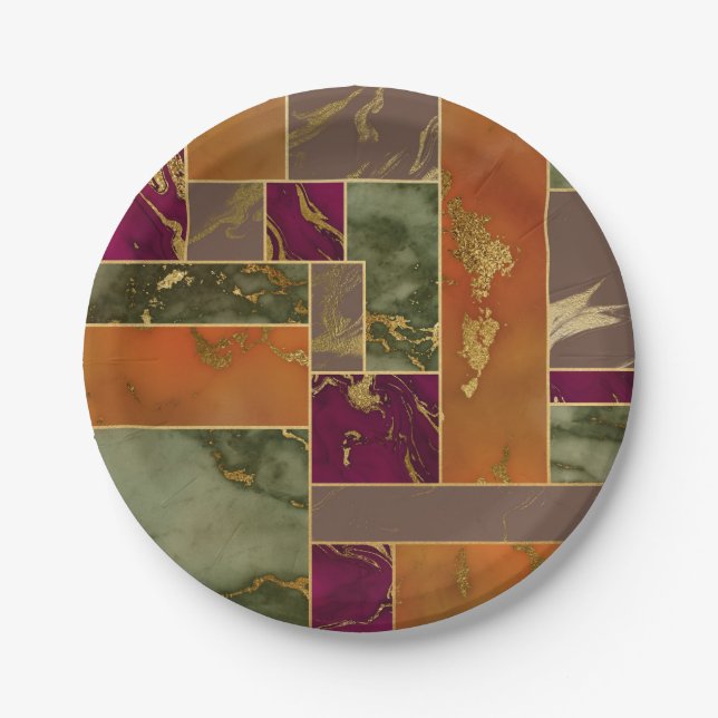 Autumn Luxury | Geometric Gold Jewel Tone Marble Paper Plate (Front)