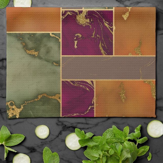 Autumn Luxury | Geometric Gold Jewel Tone Marble Tea Towel (Creator Uploaded)