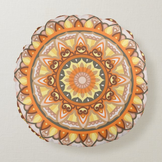 Autumn Mandala Cosy Fall Boho Autumn Orange Round Cushion (Front)