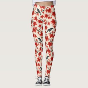 Autumn Maple and Birds Japanese Art Leggings