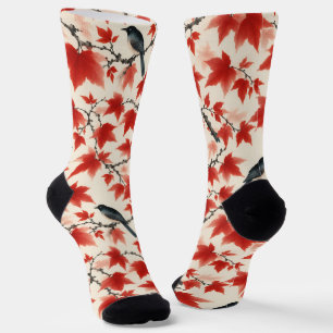 Autumn Maple and Birds Japanese Art Socks