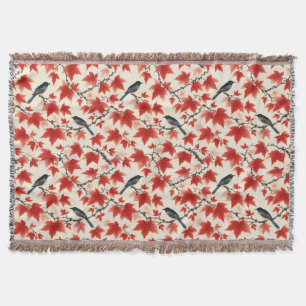 Autumn Maple and Birds Japanese Art Throw Blanket