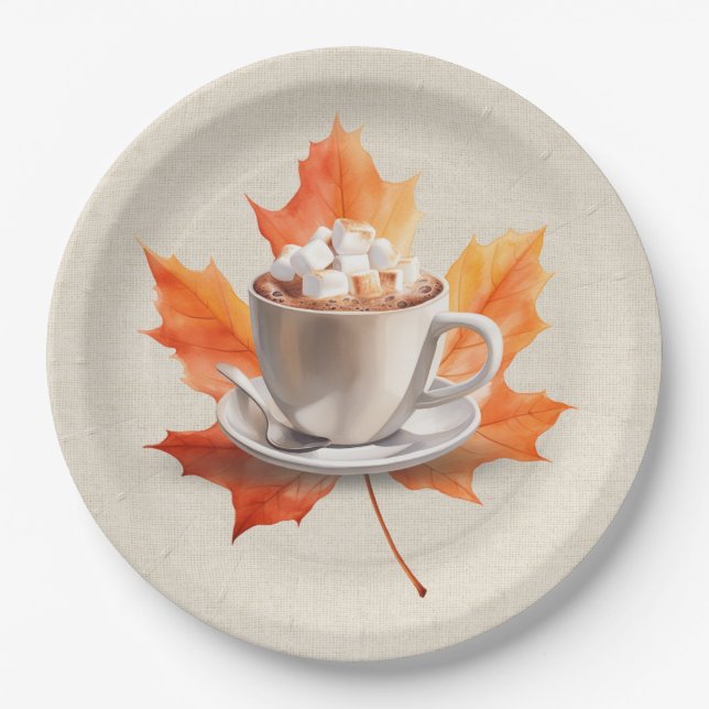 Autumn Maple Leaf and Hot Cocoa Paper Plate (Front)