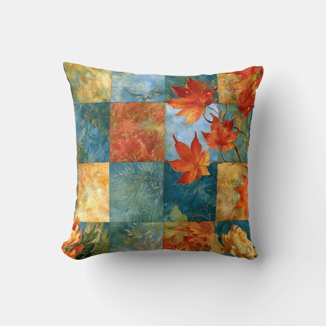 Autumn Maple Leaf Botanical Patchwork Cushion (Front)