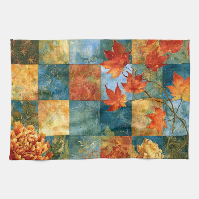 Autumn Maple Leaf Botanical Patchwork  Tea Towel (Horizontal)
