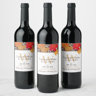 Autumn Maple Leaf Monogram Wedding Wine Label