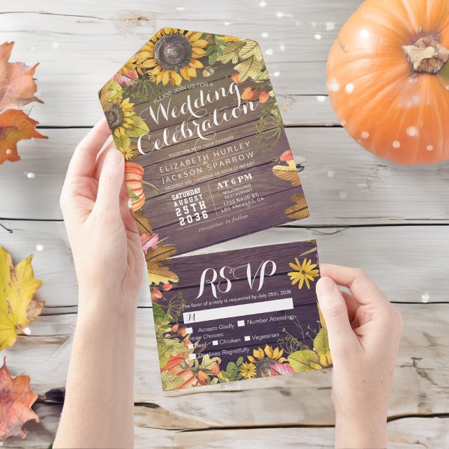 Autumn Maple Leaf Pumpkin Rustic Wood Wedding RSVP All In One Invitation (Creator Uploaded)