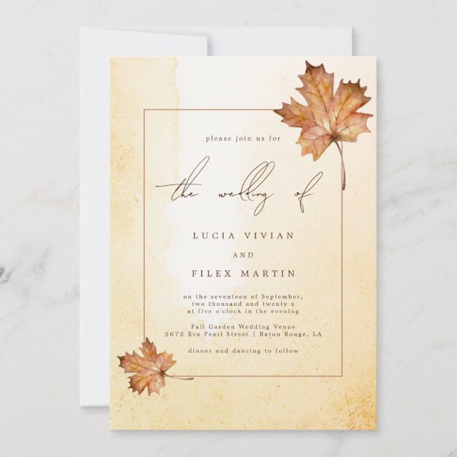 Autumn Maple Leaf Watercolor Photo QR code Wedding Invitation (Front)