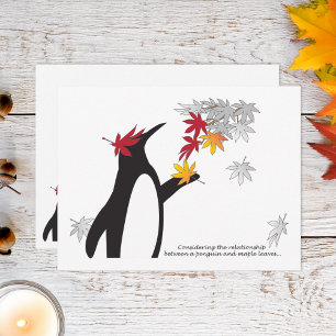 Autumn Maple Leaves and Cute Funny Penguin Postcard