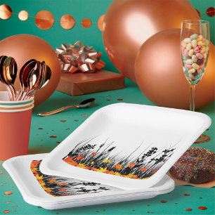 Autumn Maple Leaves and Wild Grass Silhouette  Paper Plate