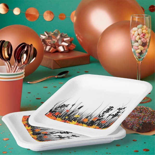 Autumn Maple Leaves and Wild Grass Silhouette  Paper Plate (Creator Uploaded)
