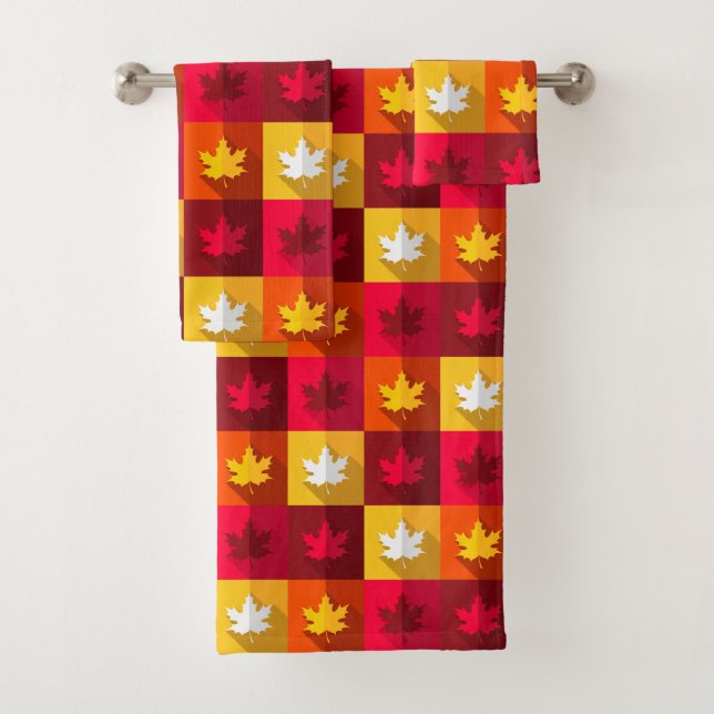 Autumn Maple Leaves Bright Patchwork Bath Towel Set (Insitu)