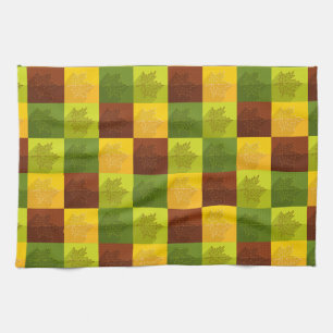 Autumn Maple Leaves, brown, gold, green Tea Towel