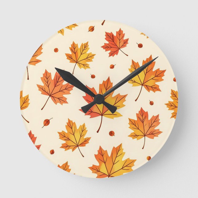 Autumn Maple Leaves Falling Pattern Round Clock (Front)