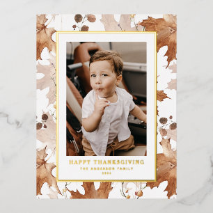 Autumn Maple Leaves Happy Thanksgiving Photo Foil Holiday Postcard