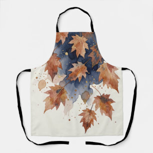 Autumn Maple Leaves Navy Gold Watercolor Apron