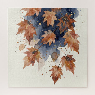 Autumn Maple Leaves Navy Gold Watercolor Jigsaw Puzzle