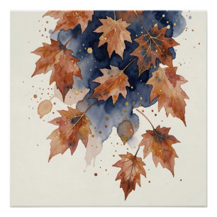 Autumn Maple Leaves Navy Gold Watercolor Poster