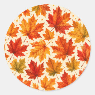 Autumn Maple Leaves Pattern Fall Orange Red Leaf Classic Round Sticker