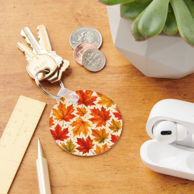 Autumn Maple Leaves Pattern | Fall Orange Red Leaf Key Ring (Desk)