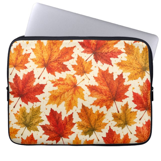 Autumn Maple Leaves Pattern | Fall Orange Red Leaf Laptop Sleeve (Front)