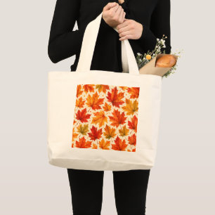 Autumn Maple Leaves Pattern   Fall Orange Red Leaf Large Tote Bag