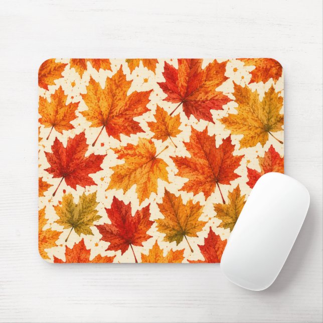 Autumn Maple Leaves Pattern | Fall Orange Red Leaf Mouse Mat (With Mouse)