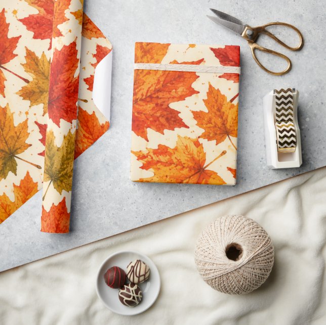 Autumn Maple Leaves Pattern | Fall Orange Red Leaf Wrapping Paper (Crafts)