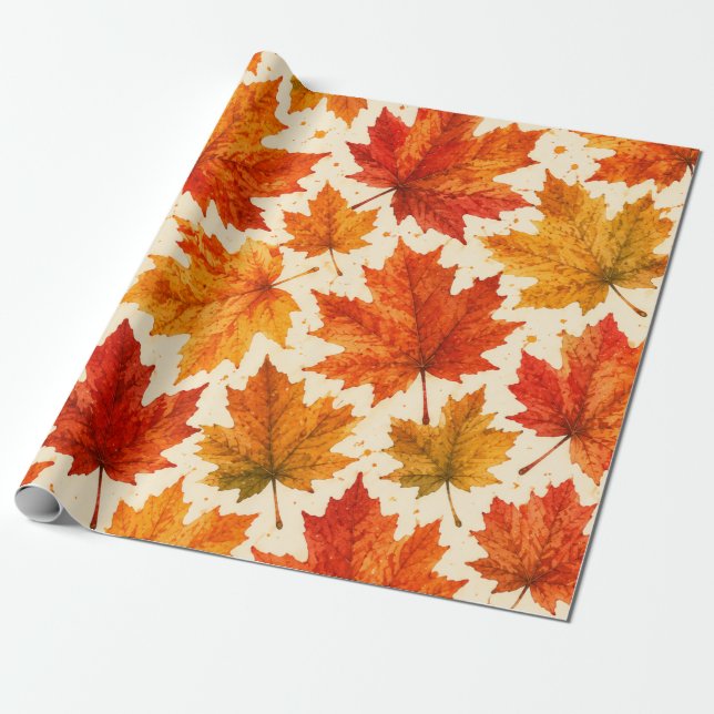Autumn Maple Leaves Pattern | Fall Orange Red Leaf Wrapping Paper (Unrolled)
