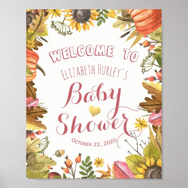 Autumn Maple Leaves & Pumpkin Baby Shower Welcome Poster (Front)