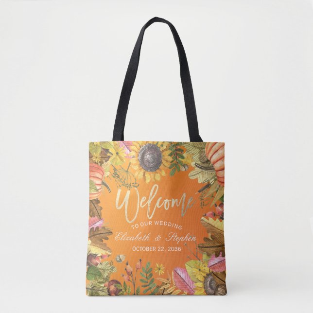 Autumn Maple Leaves Pumpkins Wood Wedding Welcome  Tote Bag (Front)